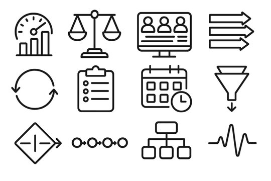 Work System Icons. Labor Day Work Systems Set linear icon set: performance metric, workload balance scale, team dashboard, alignment arrows, improvement loop, resource list, daily