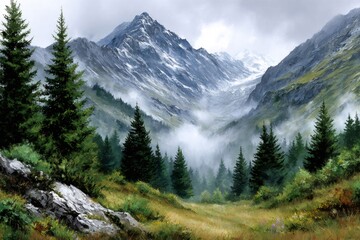 Fototapeta premium Mountain valley with dense forest and misty clouds