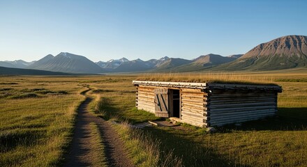 Serene golden hour light illuminates a traditional log cabin with a turf roof in a remote mountain valley, with a dirt path winding through the vast, grassy landscape