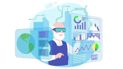 Animated illustration of a old man scientist interacting with a futuristic data analytics dashboard, featuring charts, graphs, and digital technology elements. - Powered by Adobe