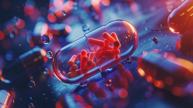 Red capsule floating among white tablets, macro clinical close-up showing translucent gelatin shell filled with red granules and beads, soft cinematic bokeh,
