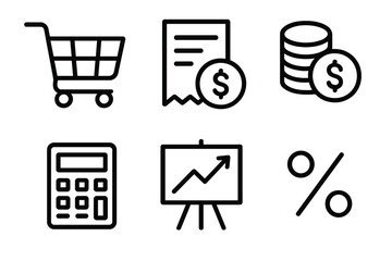 Inflation Icons Set. Price inflation linear icon set. shopping cart, receipt, coin stack, calculator, chart board, percentage sign.