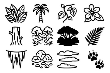 Jungle Outline Icons. Jungle Elements Set linear icon set: dense leaves, tall palm, creeping vine, tropical flower, tree trunk, jungle path, shadowed canopy, fern frond, hanging
