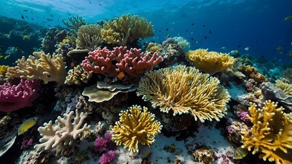 Underwater Coral Reef with Tropical Marine Life in Clear Blue Ocean

