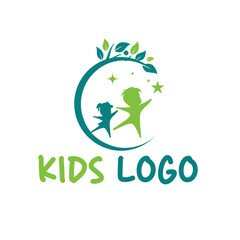 A playful kids logo featuring children reaching for stars under a leafy crescent, isolated on, perfect for a childrens brand or organization