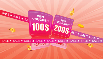 Sale voucher banner, dynamic rays background, and floating sale elements. Perfect for promotions, offers, and discounts.