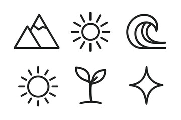 Obraz premium Nature's Icons. High Vibes linear icon set. mountain peak, sunbeam, wave, radiating circle, plant sprout, sparkle