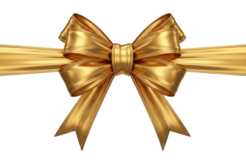 Photorealistic rendering of a luxurious golden satin ribbon tied into a large bow centered against a black background