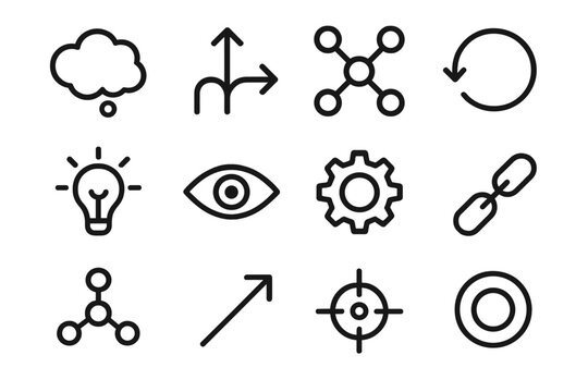 Mind Exploration Icons. Mind Exploration Icons linear icon set: thought cloud, branching path, cognitive map, reflection loop, understanding light, perception eye, reasoning gear