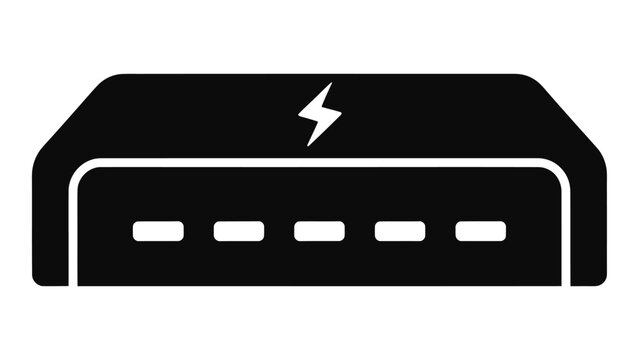 Black and white icon representing a thunderbolt dock connector with a lightning bolt symbol.
