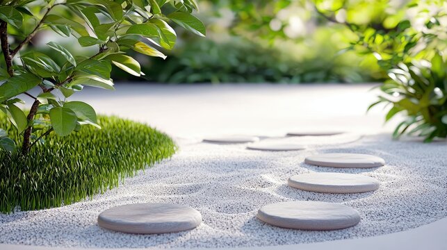 A tranquil Zen garden features a path of stepping stones set in white gravel, with a small tree and vibrant green grass.