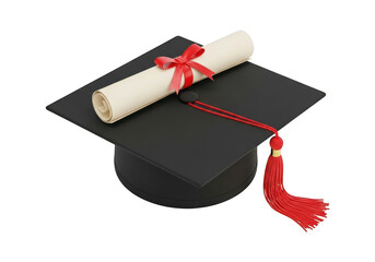 Graduation cap and rolled diploma secured with a red ribbon sit against a solid black background