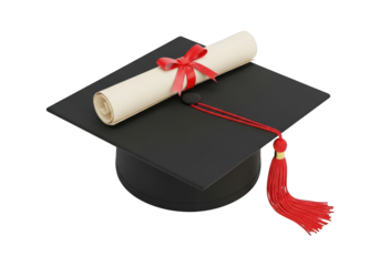 Graduation cap and rolled diploma secured with a red ribbon sit against a solid black background