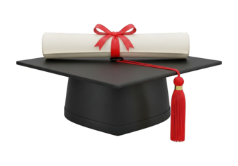 Graduation mortarboard displays a rolled diploma secured with a bright red ribbon and tassel