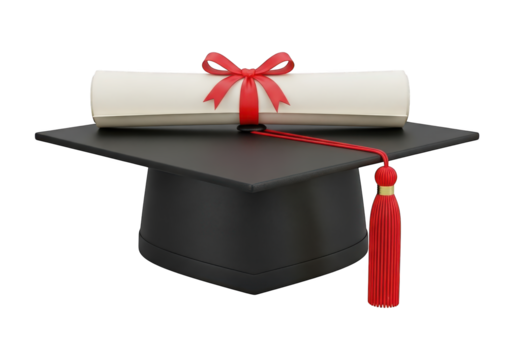 Graduation mortarboard displays a rolled diploma secured with a bright red ribbon and tassel