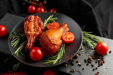 Smoked chicken drumsticks with greens and vegetables.
