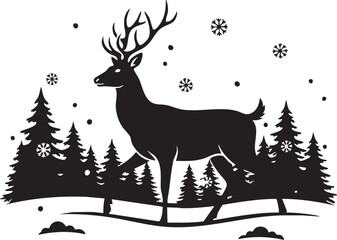 Winter Deer Silhouette with Snowflakes and Pine Trees – Serene Seasonal Landscape Vector Illustration