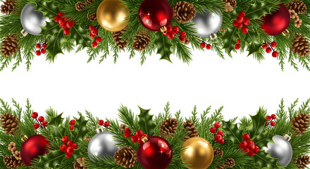 Festive Christmas garland borders adorned with shiny ornaments, pinecones, and holly berries on a clean white background.