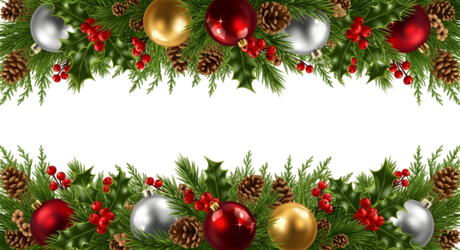 Festive Christmas garland borders adorned with shiny ornaments, pinecones, and holly berries on a clean white background. - Powered by Adobe