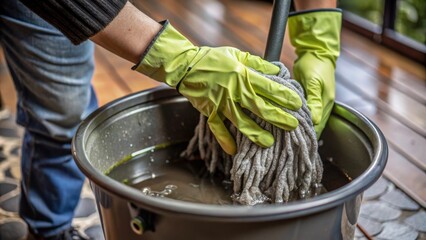 Gloved hands squeezing a wet mop over a bucket slow dripping water home cleaning action indoor environment close-up view of cleaning technique for enhanced domestic cleanliness