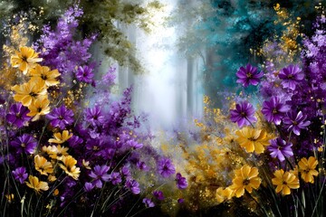 Obraz premium Purple and yellow flowers blooming in lush fantasy forest