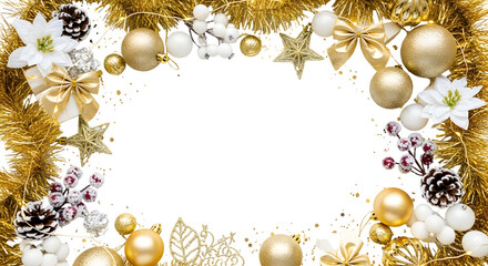 Festive frame with golden tinsel, ornaments, bows, stars, flowers, and pine cones arranged around a white central space.