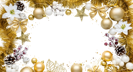 Festive frame with golden tinsel, ornaments, bows, stars, flowers, and pine cones arranged around a white central space.