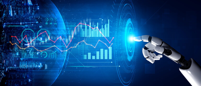 A robotic hand reaches out to touch a digital interface showcasing vibrant data visualizations. This image symbolizes the intersection of technology and innovation in business analysis. Scalp