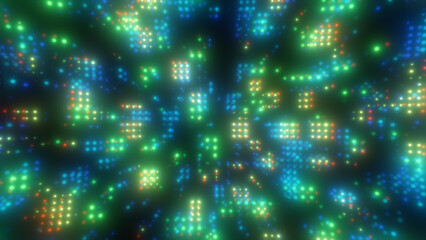 Glowing green and blue digital dots forming a vivid abstract light-field with soft blurred diffusion
