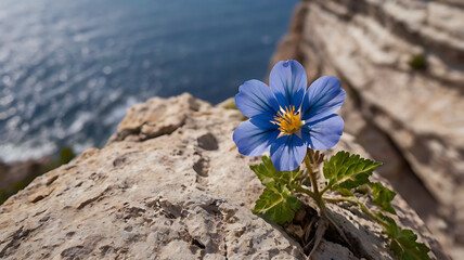 Fragile Blue Flower on Cliff Edge in Swirling Wind Overlooking Endless Horizon.