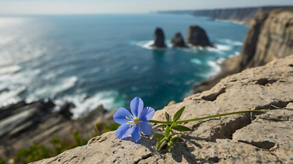 Fragile Blue Flower on Cliff Edge in Swirling Wind Overlooking Endless Horizon.