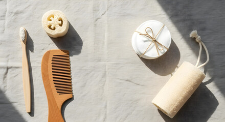 リネンの上に並べられた竹の歯ブラシや木製の櫛などのサステナブルな美容アイテムの俯瞰図