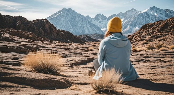 A solitary person in a yellow beanie sits in a vast, arid wilderness, gazing at a stunning panorama of snow-capped mountains, embodying a sense of peace and adventure - Powered by Adobe