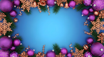 Festive Christmas frame with purple ornaments, gold snowflakes, bells, and green fir branches against a blue background.