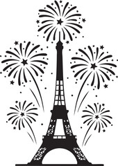 Fototapeta premium Eiffel Tower Silhouette with Fireworks – Festive Paris Celebration Vector Illustration