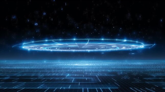 Futuristic Digital Landscape with Floating Circular Portal and Light Effects