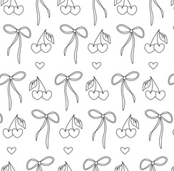 Cherry fruit, ribbon, heart Valentine's Day seamless pattern. Vector graphic line black and white illustration. Textile, fabric, texture design for package, holiday design, fabric and textile.