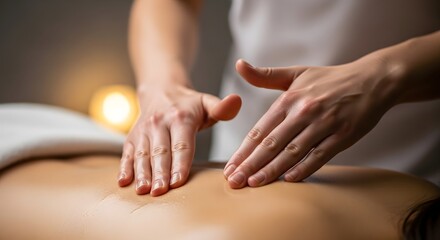 Professional masseuse hands performing a relaxing back massage on a client in a spa setting.