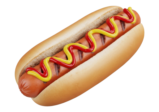 Grilled sausage served in a bun with zigzag stripes of red and yellow condiments against a dark background