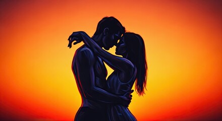 A romantic silhouette of a passionate couple embracing intimately against a vibrant orange and yellow sunset, illustrating concepts of love and togetherness