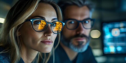 Focused professionals analyzing data, woman with reflective glasses and man with beard in modern tech environment with digital screens.