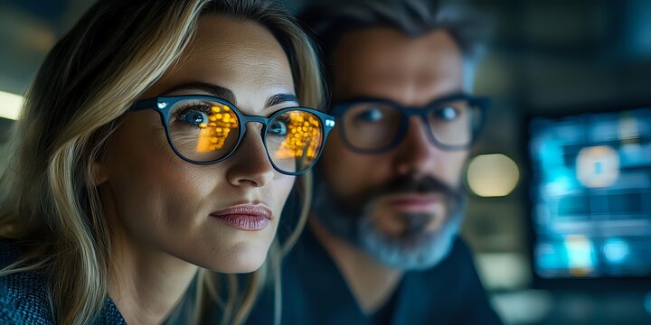 Focused professionals analyzing data, woman with reflective glasses and man with beard in modern tech environment with digital screens.