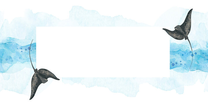 Playful manta rays in watercolor style in blue tones with copy space for oceanic and marine themes. Hand drawn frame illustration for card, invitation, flyer, print.