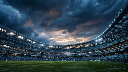 dynamic twilight evening at a vibrant stadium with illuminated architecture and dramatic clouds