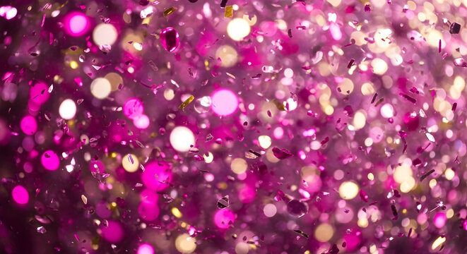 A vibrant cascade of shimmering pink and gold glitter creates a festive, blurry bokeh background. - Powered by Adobe