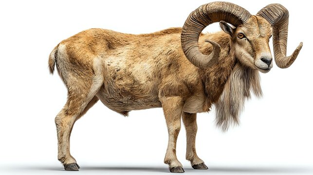 Majestic wild ram with large curved horns standing in profile on white background, isolated wildlife animal for conservation and nature publications.