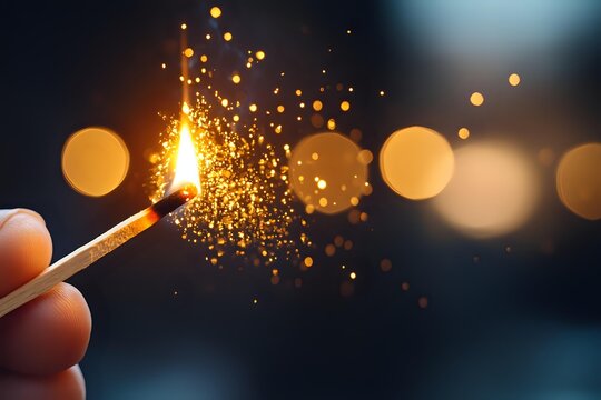 Burning match with bright sparks and golden bokeh lights against dark background, creating magical atmosphere for celebration or holiday concept.