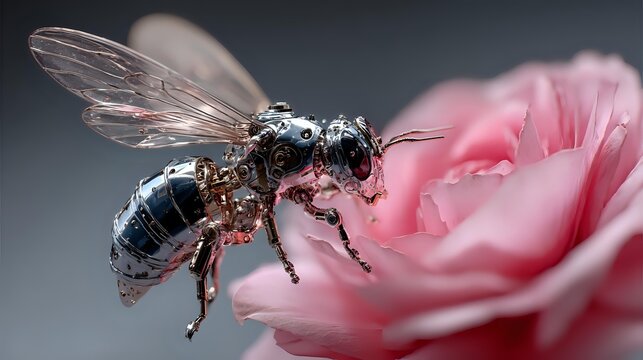 Metallic bee with water droplets collecting nectar from pink rose petal in macro photography with blurred background.