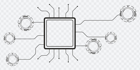 Microchip and circuit network connecting to HUD circles on transparent background. Tech concept.