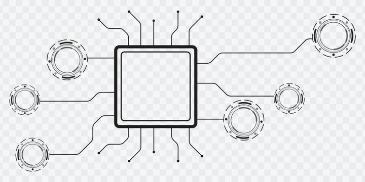Microchip and circuit network connecting to HUD circles on transparent background. Tech concept.